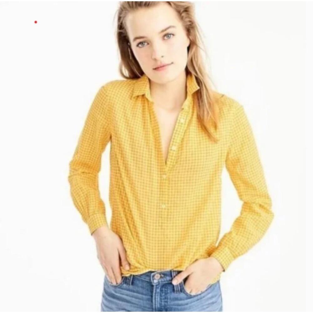 J. Crew Gathered Popover Top in Yellow Microgingham Size 10